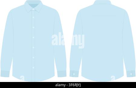 Flat vector illustration of light blue dress shirt showing front and back technical views. Stock Vector