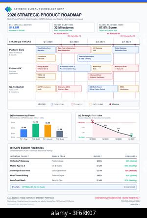 Professional business infographic featuring quarterly strategic tracks, investment charts, and system readiness data tables. Stock Vector