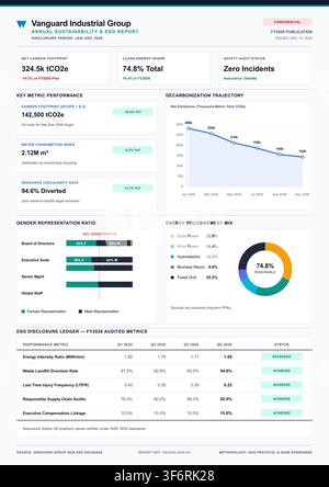 Professional corporate sustainability dashboard featuring carbon footprint metrics, energy procurement charts, and gender representation data. Stock Vector