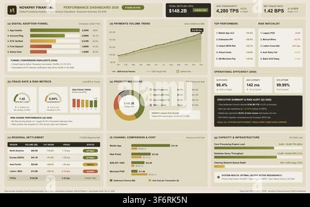Modern financial interface displaying digital banking metrics, payment volume trends, and risk management data analytics. Stock Vector