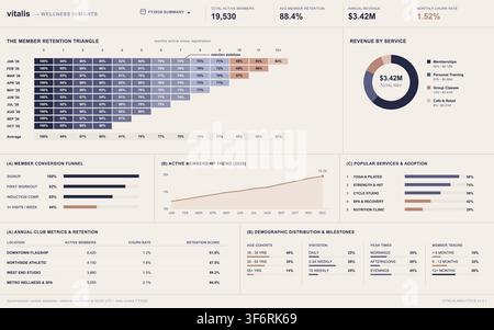 Professional data visualization interface displaying fitness center revenue, member retention, and demographic analytics. Stock Vector