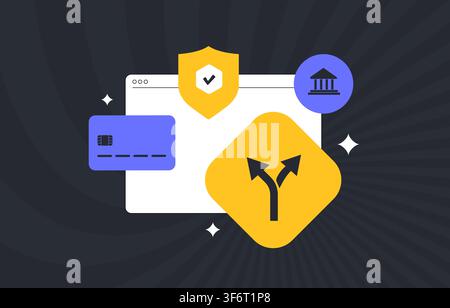 Payment orchestration routes transactions across banks and financial providers with secure processing. Smart payment routing improves approval rates and transaction reliability vector illustration. Stock Vector