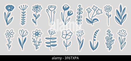 Set simple flowers. Floral illustrations template design. Hand drawn flowers with leaves. Blue outline abstract botanical collection. Stock Vector