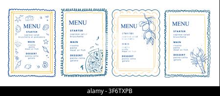 Collection of vector banners for restaurant or bar menu. Summer mediterranean template design. Hand drawn whimsical illustration with sea food.  Stock Vector
