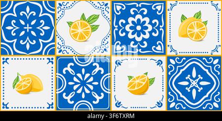Mexican or Mediterranean blue seamless pattern. Tiles vector illustration. Background modern mosaic motif ornaments. Creative ceramic design element. Stock Vector