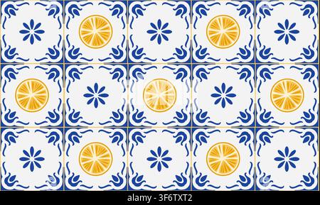 Mexican or Mediterranean blue seamless pattern. Tiles vector illustration. Background modern mosaic motif ornaments. Creative ceramic design element. Stock Vector