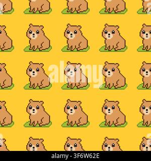 Seamless pixel art capybara pattern on yellow background. Stock Vector