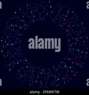 Circular abstract technology background with thin wavy blue lines connected by colorful neon nodes on dark backdrop for digital data science network c Stock Vector