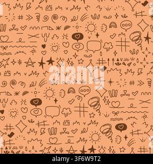 Seamless Pattern with Doodle UI Symbols. Hand Drawn Interface Icons, Speech Bubble, Pictograms on Orange Background. Minimalist Outline Texture For Pa Stock Vector