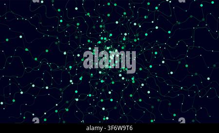 Abstract digital network background with glowing green nodes and wavy lines spreading from center for technology big data cyber security artificial in Stock Vector