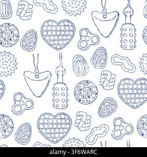 Sensory Fidget Toy Seamless Pattern. Stress Relief Bubble Heart, Spiky Ball and Spinner on White Background. Blue Line Doodle. Vector illustration. Ca Stock Vector