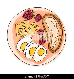 Breakfast plate clipart with toast, boiled eggs, cheese and fresh raspberries. Breakfast food illustration for cafe. Stock Vector