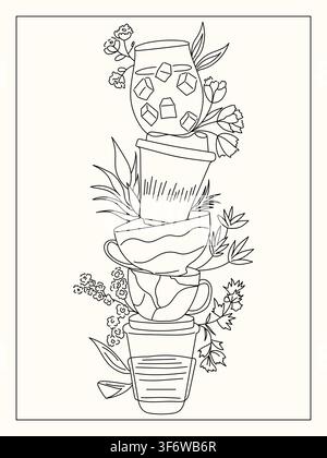 Coffee cups composition with reusable coffee cups, teacups, iced coffee, flowers and botanical elements. Stock Vector