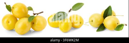 Three sets of ripe yellow plums with green leaves on a white background. Stock Photo