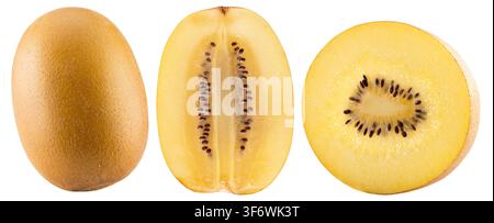Three pieces of fresh yellow passion fruit shown whole and sliced horizontally. Stock Photo