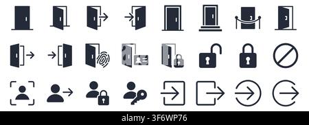 Open door glyph icon set. Login, logout, register, password, face recognition, key lock, exit minimal vector illustrations. Simple silhouette signs Stock Vector