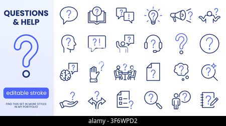 Help, ask question line icon set. FAQ, support, secret info, problem solution, brain, idea, message minimal vector illustrations. Simple outline signs Stock Vector