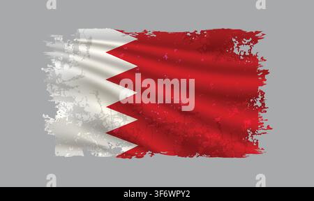 Bahrain flag is depicted with brushstrokes and features design elements with a textured style. Stock Vector