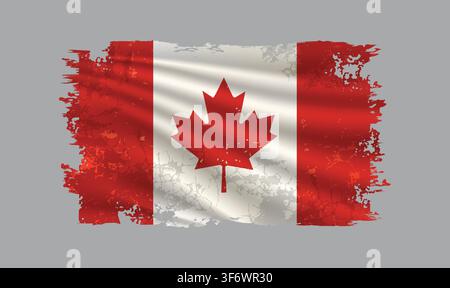Canada flag is depicted with brushstrokes and features design elements with a textured style. Stock Vector