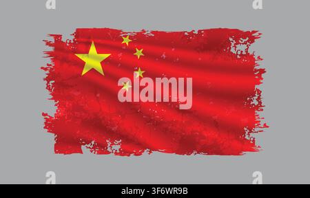 China flag is depicted with brushstrokes and features design elements with a textured style. Stock Vector