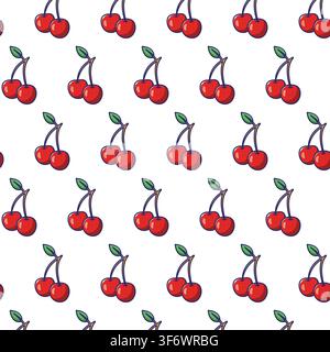 Bright red cherries with green stems seamless pattern on white background for design and print Stock Vector