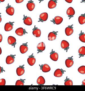 Bright red strawberries with green leaves seamless repeating pattern on white background for fabric design Stock Vector