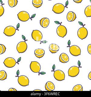 Bright yellow lemon slices and whole lemons with leaves seamless repeating background pattern Stock Vector