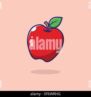 Vibrant red apple with fresh green leaf isolated on soft pink background for healthy lifestyle design Stock Vector