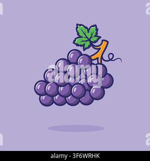 Cartoon purple grapes with green leaf and ladybug on isolated pastel background Stock Vector