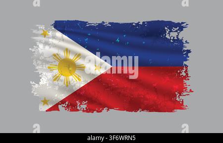 Philippines flag is depicted with brushstrokes and features design elements with a textured style. Stock Vector