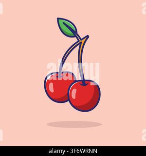 A vibrant, clean, and minimalist vector illustration of two ripe red cherries attached to a single stem with a small green leaf. Stock Vector