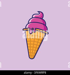 A vibrant, minimalist vector illustration of a single pink soft-serve ice cream cone centered against a solid light lavender background Stock Vector