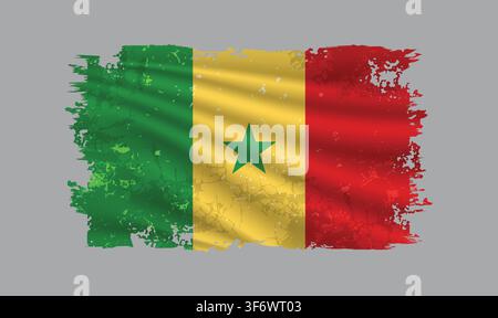 Senegal flag is depicted with brushstrokes and features design elements with a textured style. Stock Vector
