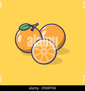 Vibrant orange fruit vector illustration featuring two whole oranges with green leaf and a sliced orange half isolated on a bright yellow background. Stock Vector