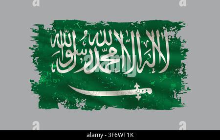 Saudi Arabia flag is depicted with brushstrokes and features design elements with a textured style. Stock Vector