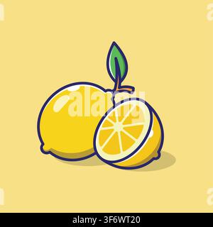 Vibrant yellow lemon vector illustration with green leaf stem isolated on soft pastel background for fresh design projects. Stock Vector