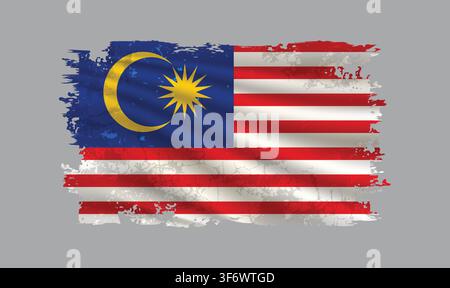 Malaysia flag is depicted with brushstrokes and features design elements with a textured style. Stock Vector