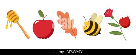 Five illustrated objects in a row honey dipper with dripping honey, red apple, orange oak leaf, cartoon bee Stock Vector