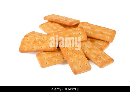 Crispy Golden Salted Crackers Isolated on White Background Stock Photo