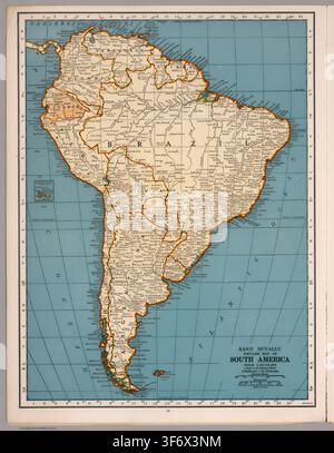Rand McNally Popular map Vintage map displaying South America with political boundaries, countries, major cities, and topographical features, offering a historical perspective on global geography and cartography Stock Photo