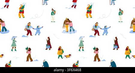 Seamless Pattern with Tiny Winter People Walking, Shopping and Celebrating Christmas, Minimal Scandinavian Lifestyle Illustration for Textile Stock Vector