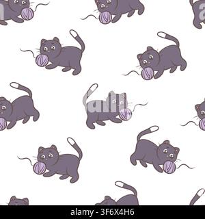 Vector seamless pattern playful black cats with yarn balls Stock Vector