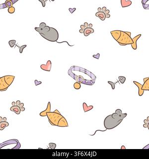 Vector seamless pattern with cat toys and accessories Stock Vector