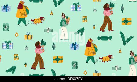 Christmas lifestyle seamless pattern with people carrying presents, gift boxes, winter clothing and festive decorations, colorful hand drawn Stock Vector
