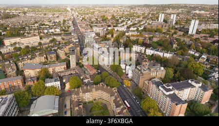Aerial view of traffic on Kilburn High Road, Brent, showing the bustling junction at Belsize Road in North West London. Stock Photo