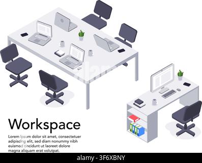 Isometric office desk stock illustration.  Vector illustration. Stock Vector