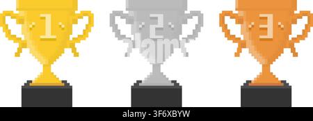 Pixel trophy cups with numbers. Golden, silver and bronze goblets. Retro video game golden award and silver trophy, first place prize for competition. Stock Vector