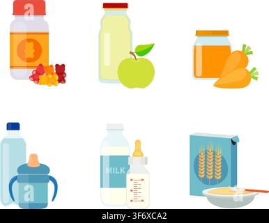 Set of vector illustrations of baby food and vitamins. Stock Illustration Stock Vector