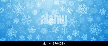Vibrant blue and white Christmas background featuring intricate, stylized snowflakes across a gradient wash. Stock Vector