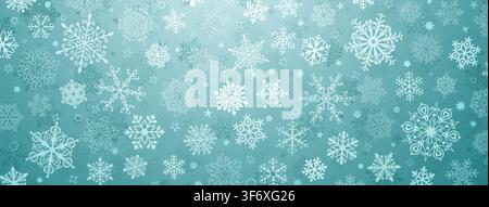 A beautiful, soft-focus Christmas background featuring various white and light blue snowflakes against a gradient teal backdrop. Stock Vector